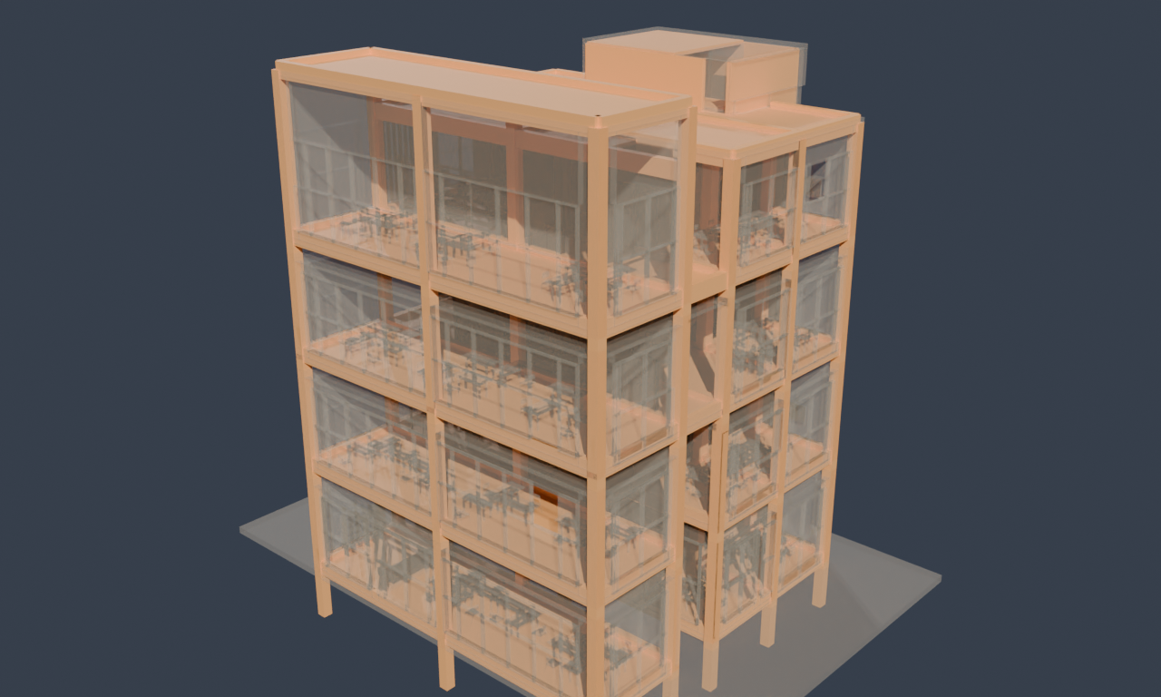 The paired BIM viewer: an architectural building model in warm tan on the left and its structural skeleton of orange beams, columns and slabs on the right, with a three-way toggle — Architecture / Both / Structure — above the 3D scene.