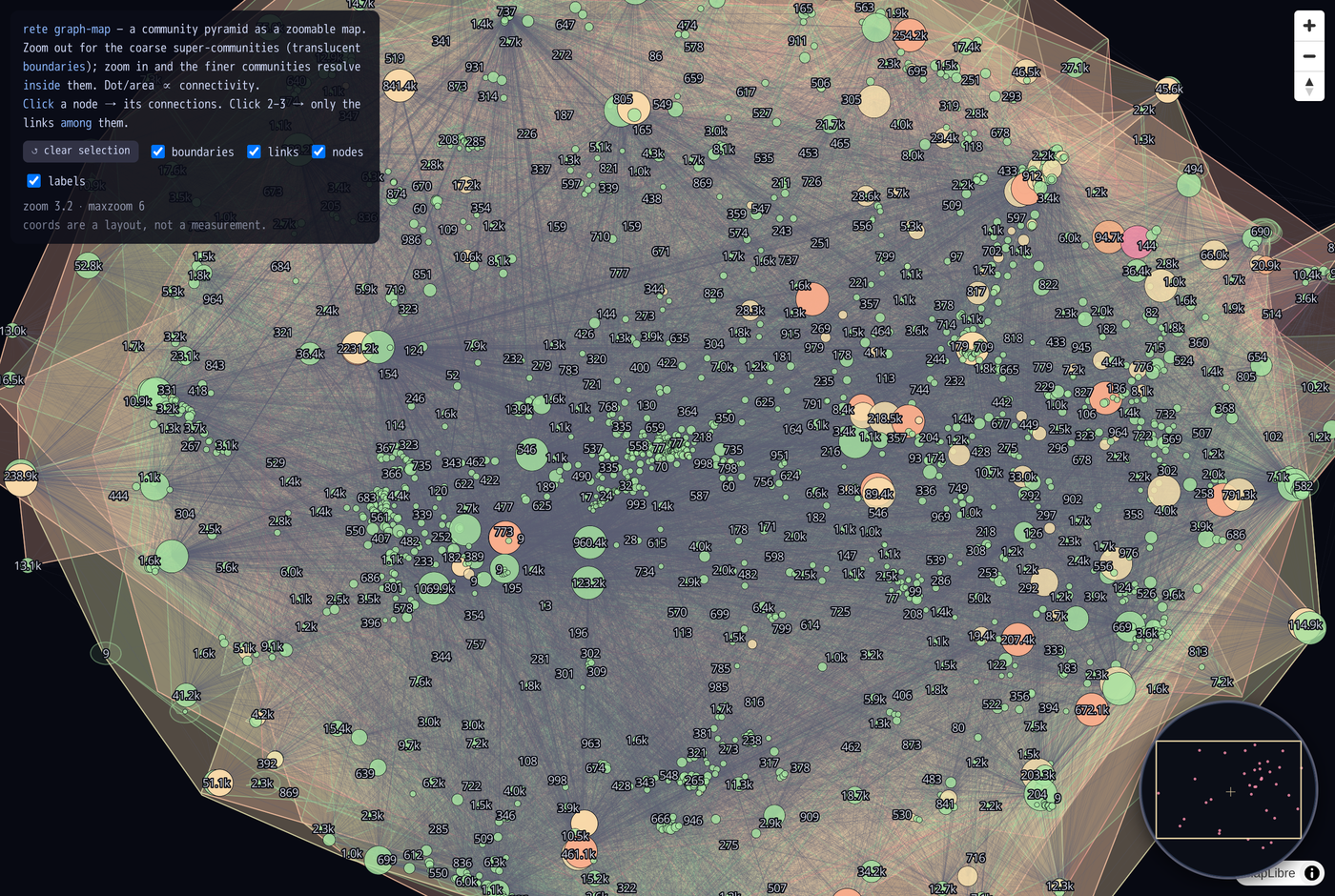 Structural graph-map, zoomed in — finer communities inside the boundaries